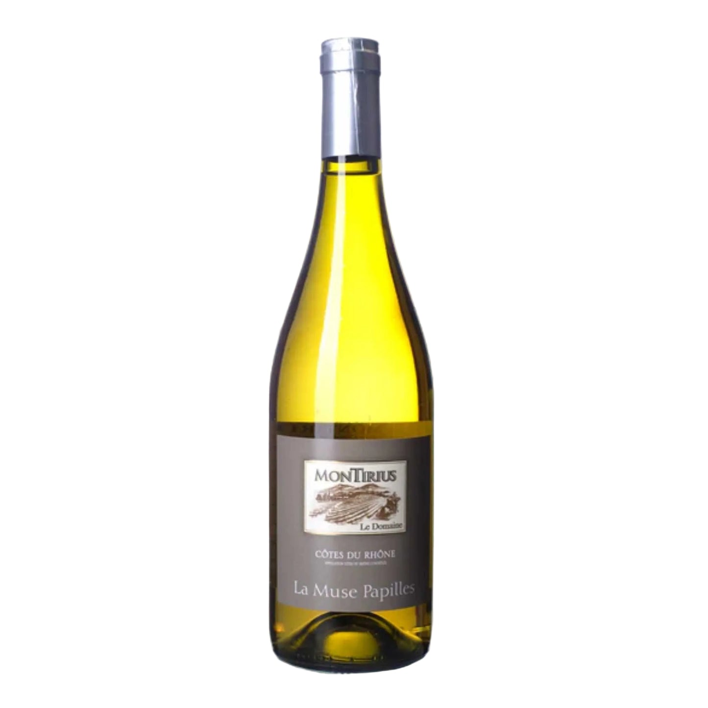 Original bottle of Domaine Montirius 'La Muse Papilles' Côtes du Rhône Blanc 2022