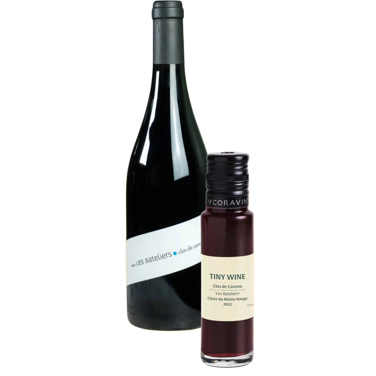 Clos de Caveau 'Les Bateliers' Côtes du Rhône Rouge 2023 wine bottle alongside 100ml Tiny Wine tube