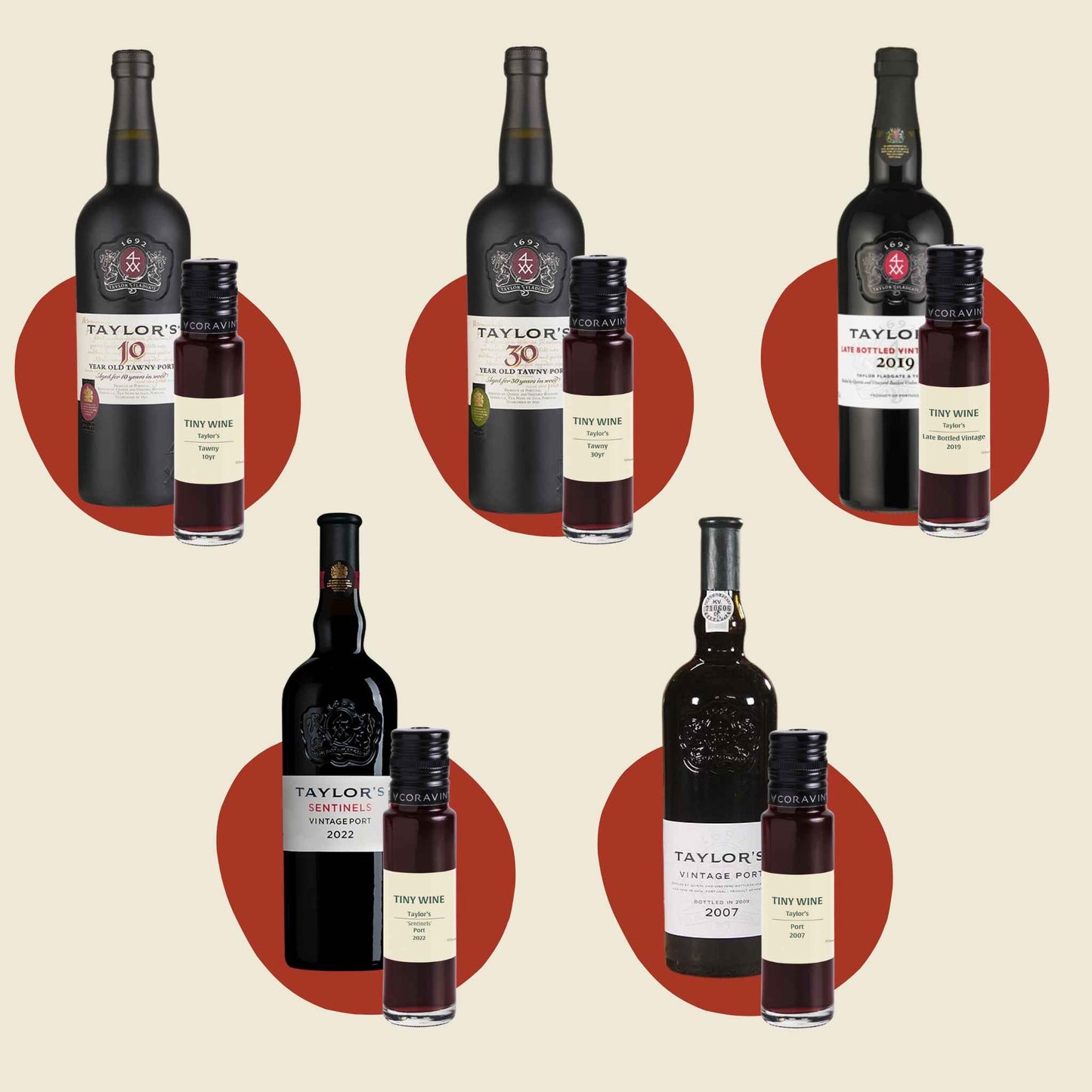 Taylor’s Port Collection tasting kit showing five Taylor’s Port bottles alongside perfectly sized Tiny Wine samples