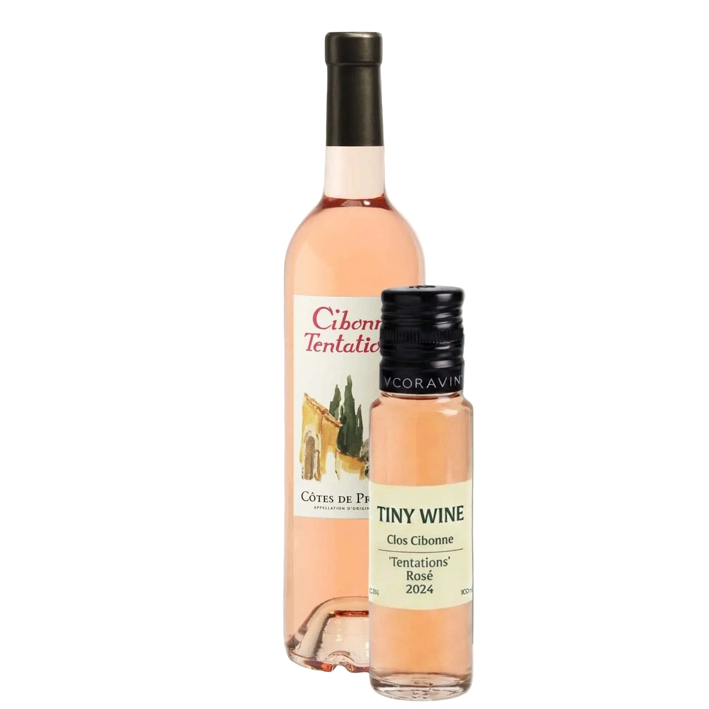 Clos Cibbone 'Tentations' Rosé 2024 wine bottle alongside 100ml Tiny Wine tube