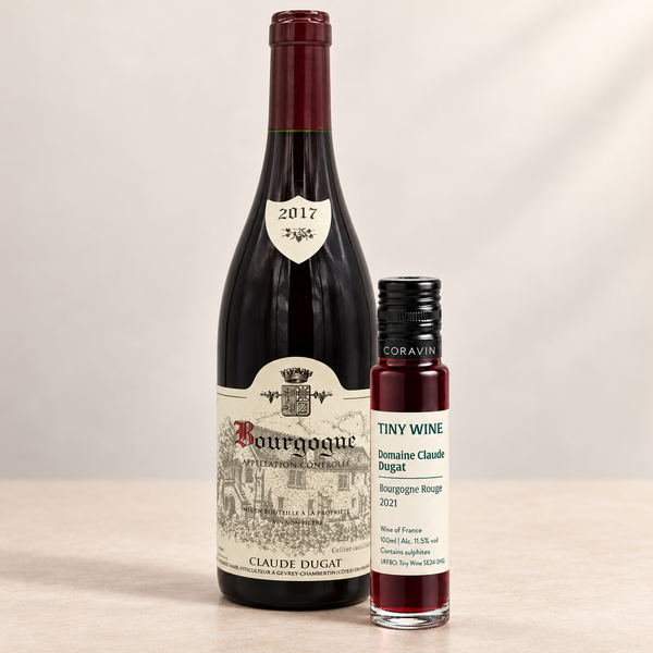 Domaine Claude Dugat Bourgogne Rouge 2021, Tiny Wine 100ml tube beside a 750ml bottle with representative 2017 bottle label.