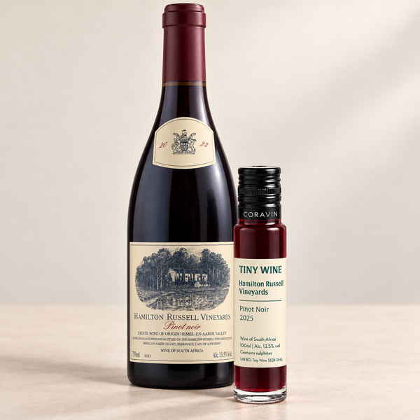 Hamilton Russell Vineyards Pinot Noir 2025, Tiny Wine 100ml tube beside a 750ml bottle with representative 2022 bottle label.
