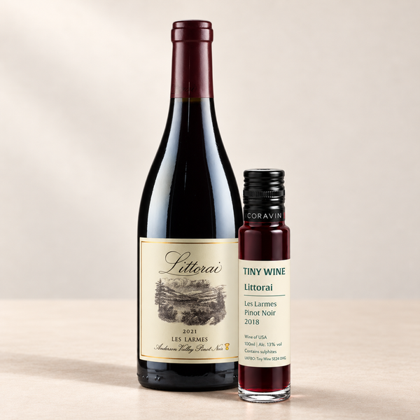 Littorai 'Les Larmes' Pinot Noir 2018, Tiny Wine 100ml tube beside a 750ml bottle with representative 2021 bottle label.