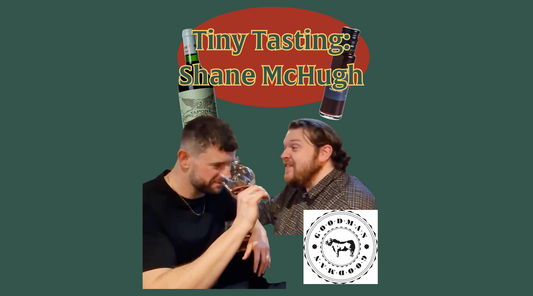 Shane McHugh tasting Tiny Wine with founder Harry Crowther, highlighting the freshness of wines at a Tiny Tastings session