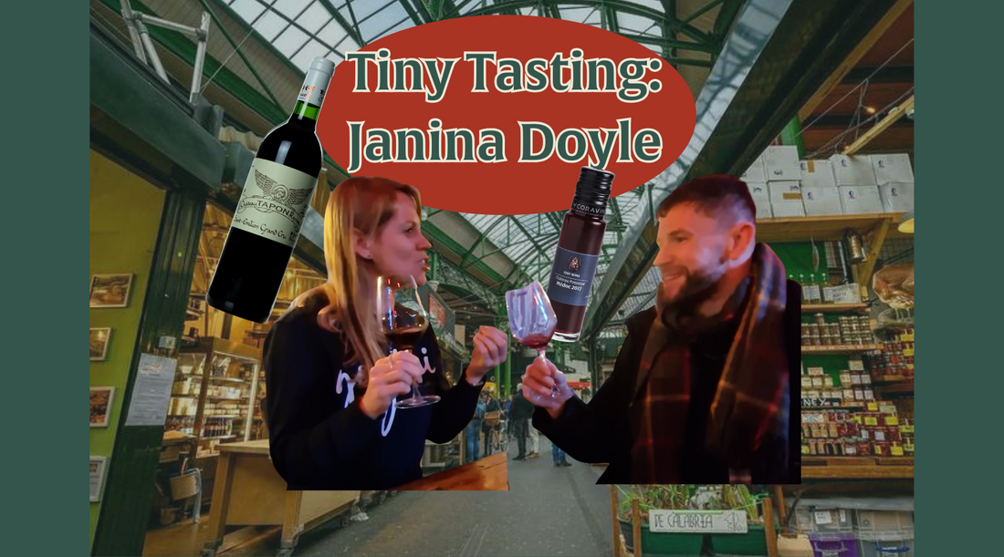  Wine podcaster tasting Tiny Wine with founder Harry Crowther using small-format bottles at a Tiny Tastings session