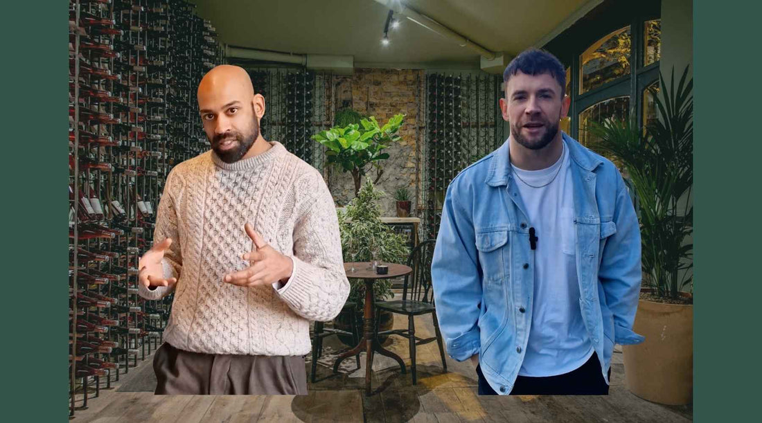 Sunny Hodge of Diogenes the Dog talking wine with Tiny Wine founder Harry Crowther, sharing unconventional wine insights