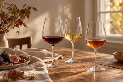 Red, white and amber wines on an autumn table with figs, walnuts and soft golden light.
