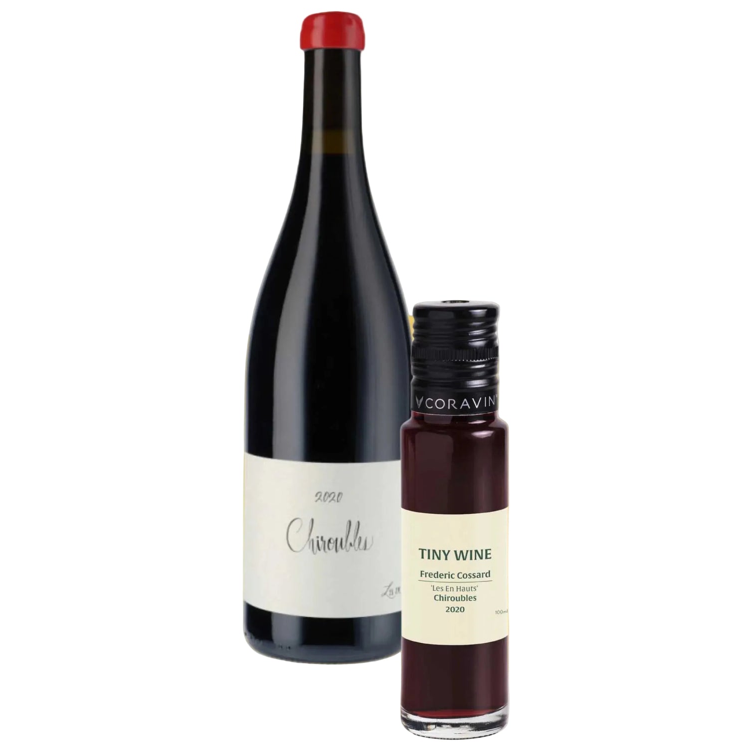 Frédéric Cossard 'Les En Hauts' Chiroubles 2020 wine bottle alongside 100ml Tiny Wine tube