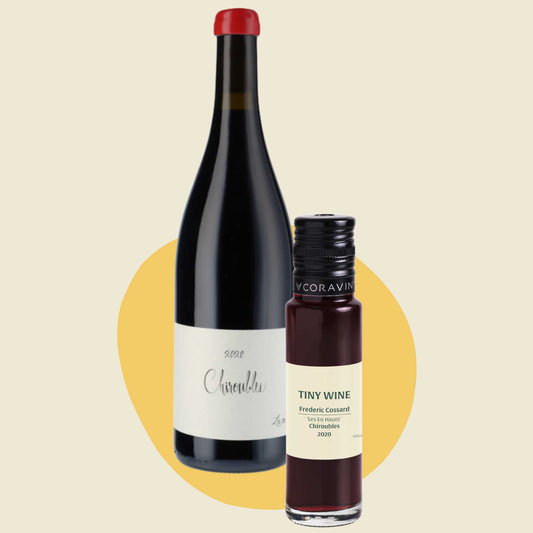 Frédéric Cossard 'Les En Hauts' Chiroubles 2020 wine bottle alongside 100ml Tiny Wine tube