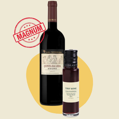 Casa Ferreirinha 'Quinta da Leda' Touriga Blend 2017 (from magnum) wine bottle alongside 100ml Tiny Wine tube