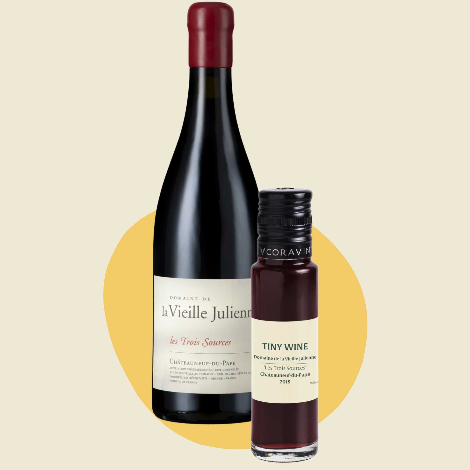 Domaine de la Vieille Julienne 'Les Trois Sources' Châteauneuf-du-Pape 2018 wine bottle alongside 100ml Tiny Wine tube