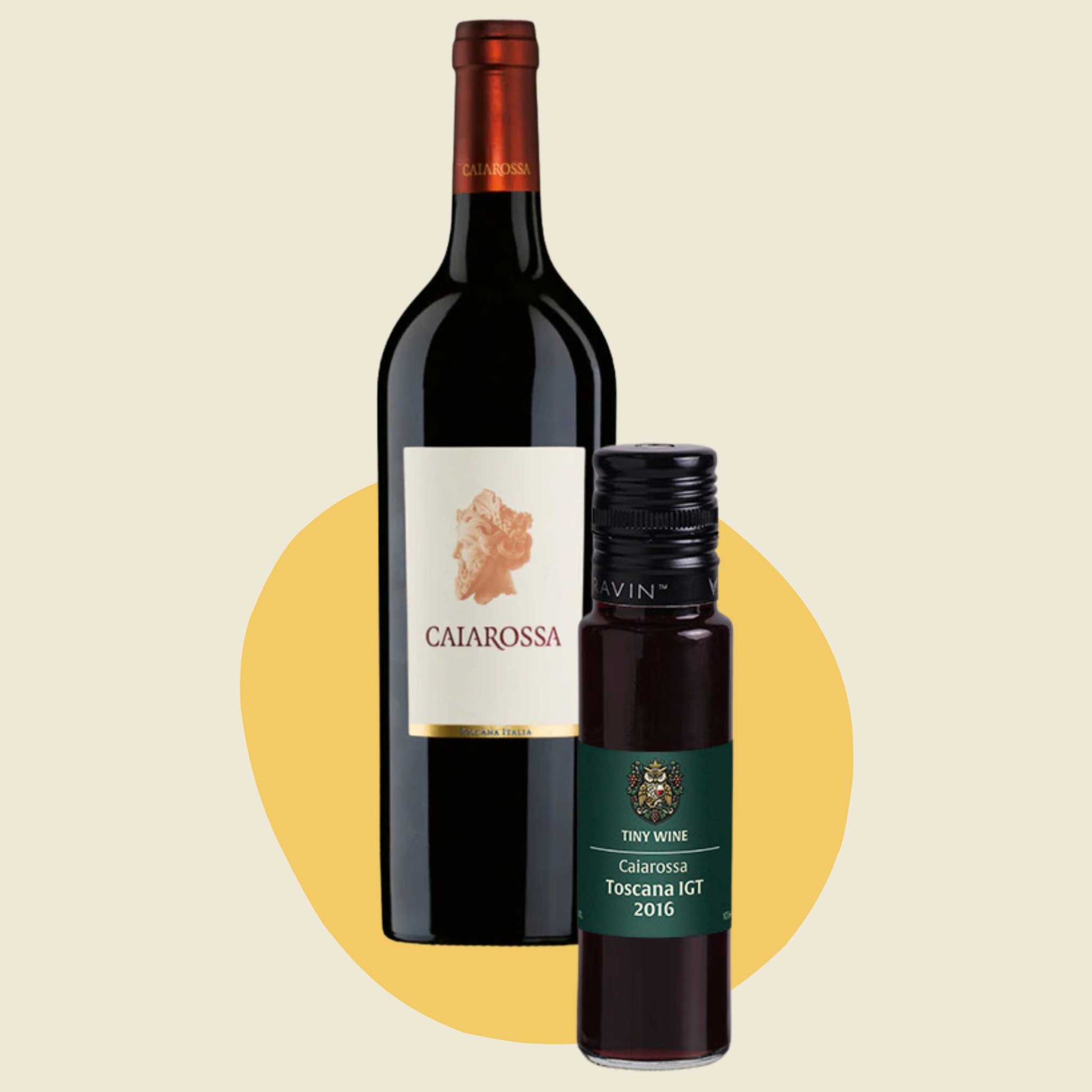 Caiarossa Toscana IGT 2016 wine bottle alongside 100ml Tiny Wine tube