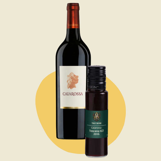 Caiarossa Toscana IGT 2016 wine bottle alongside 100ml Tiny Wine tube