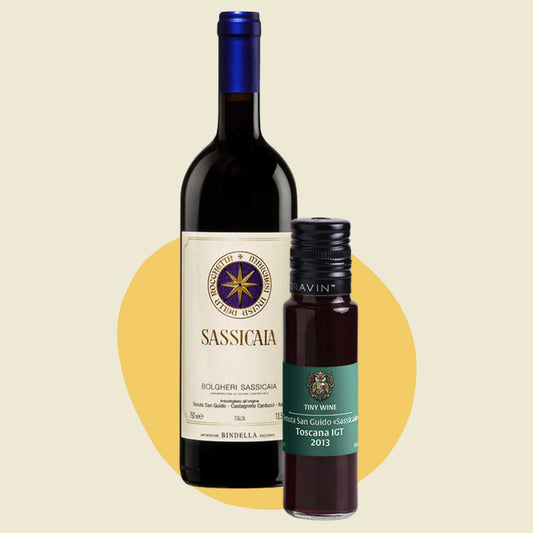Tenuta San Guido 'Sassicaia' Toscana IGT 2013 wine bottle alongside 100ml Tiny Wine tube
