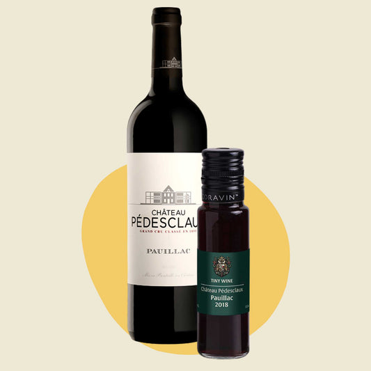 Château Pedesclaux Pauillac 2018 wine bottle alongside 100ml Tiny Wine tube	