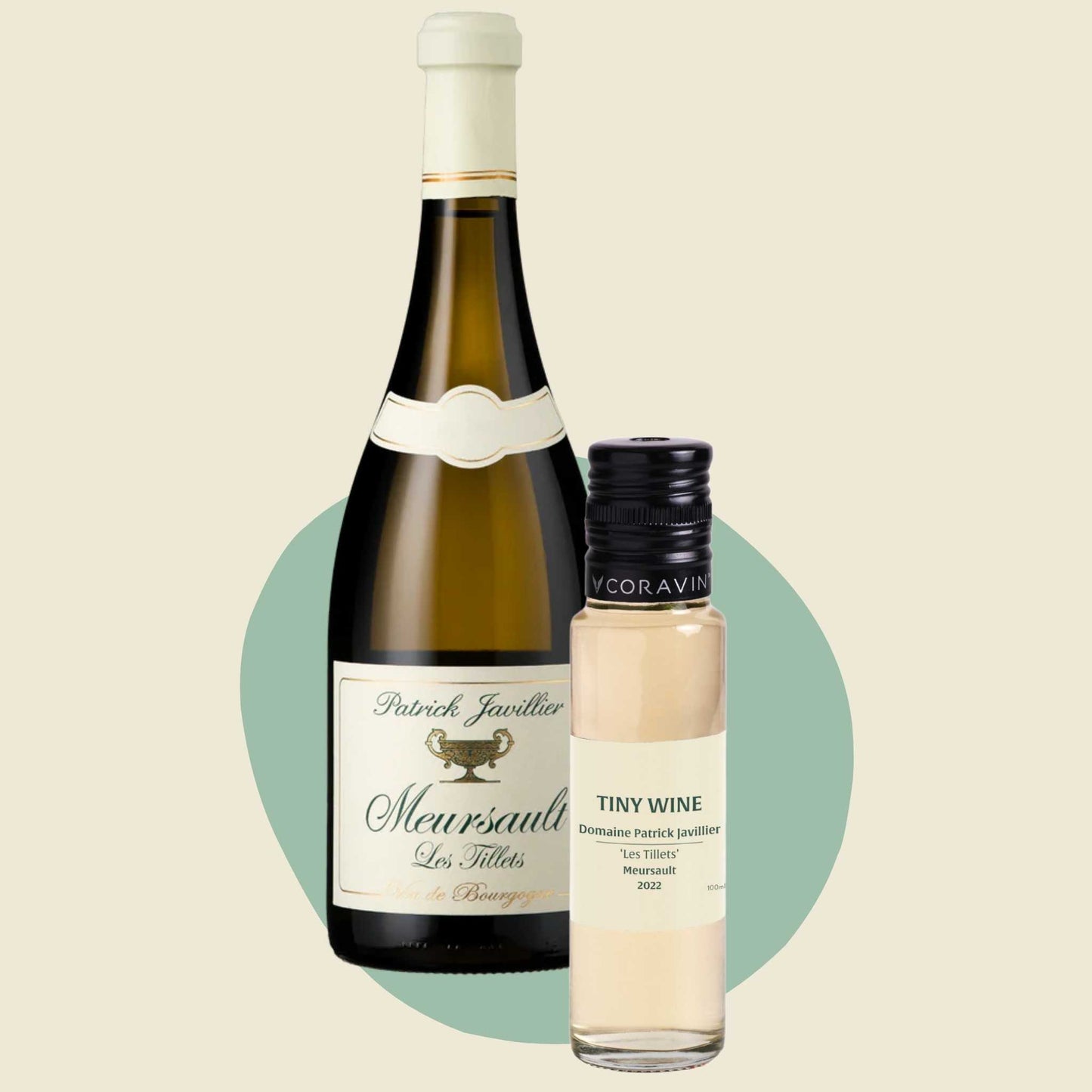 Domaine Patrick Javillier 'Les Tillets' Meursault 2022 wine bottle alongside 100ml Tiny Wine tube