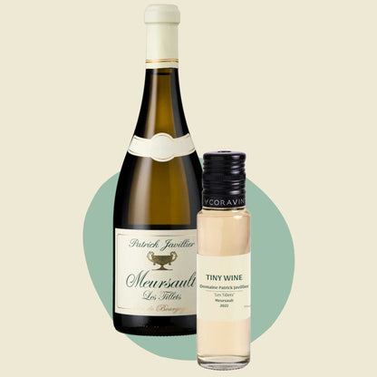 Domaine Patrick Javillier 'Les Tillets' Meursault 2022 wine bottle alongside 100ml Tiny Wine tube