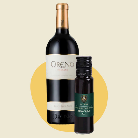 Tenuta Sette Ponti 'Oreno' Toscana IGT 2021 wine bottle alongside 100ml Tiny Wine tube