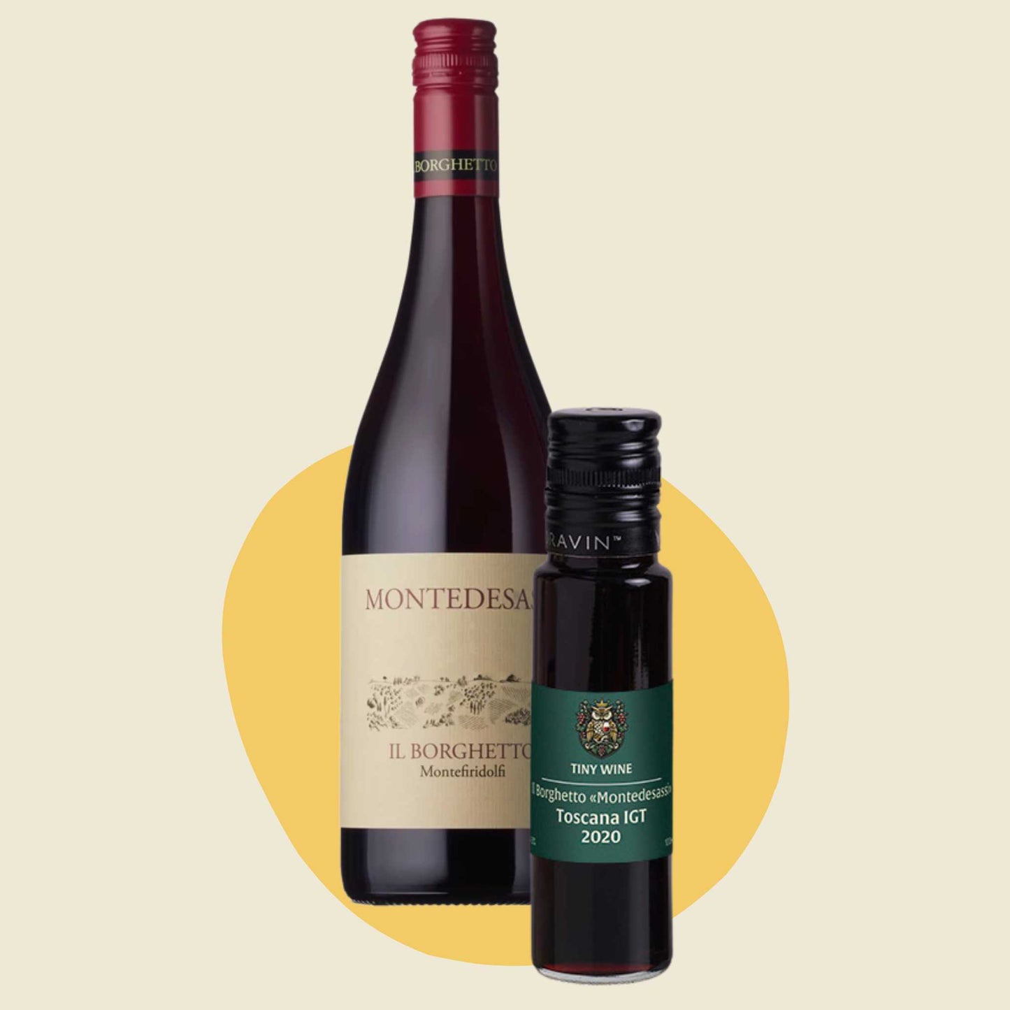 Il Borghetto 'Montedesassi' Toscana IGT 2020 wine bottle alongside 100ml Tiny Wine tube
