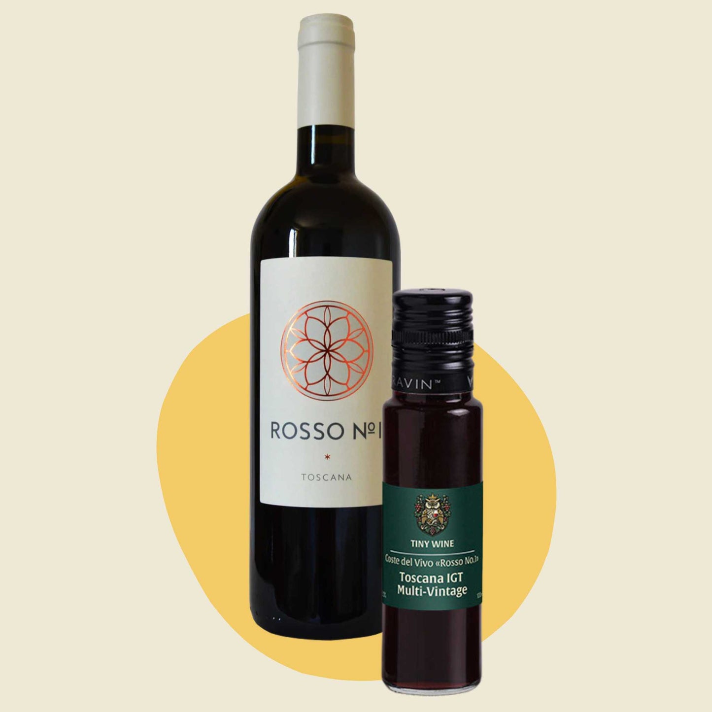 Coste del Vivo 'Rosso No.1' Toscana IGT MV wine bottle alongside 100ml Tiny Wine tube