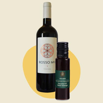 Coste del Vivo 'Rosso No.1' Toscana IGT MV wine bottle alongside 100ml Tiny Wine tube