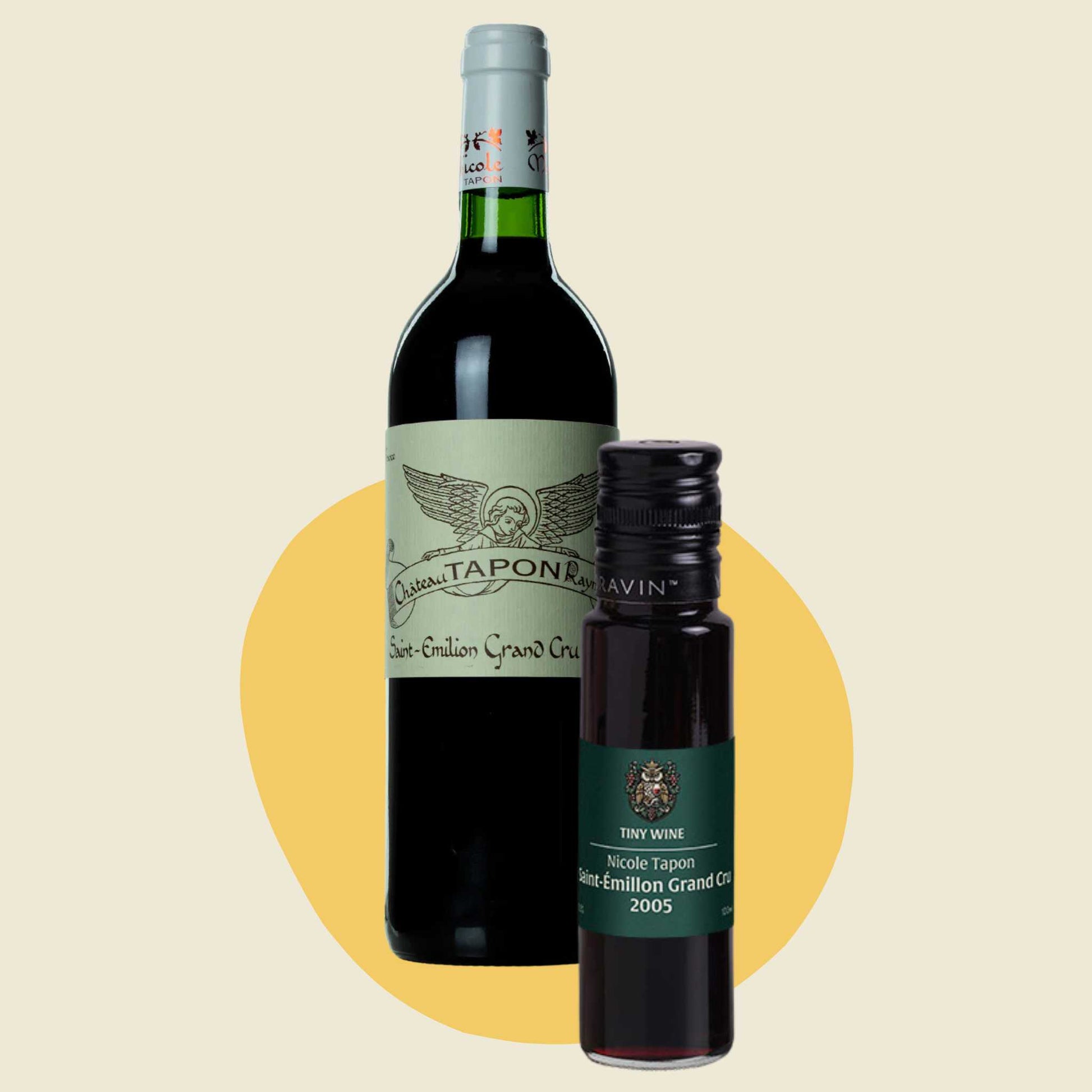 Nicole Tapon Saint-Émilion 2005 wine bottle alongside 100ml Tiny Wine tube