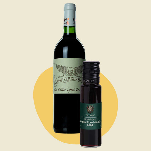 Nicole Tapon Saint-Émilion 2005 wine bottle alongside 100ml Tiny Wine tube