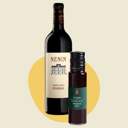 Château Nenin Pomerol 2013 wine bottle alongside 100ml Tiny Wine tube