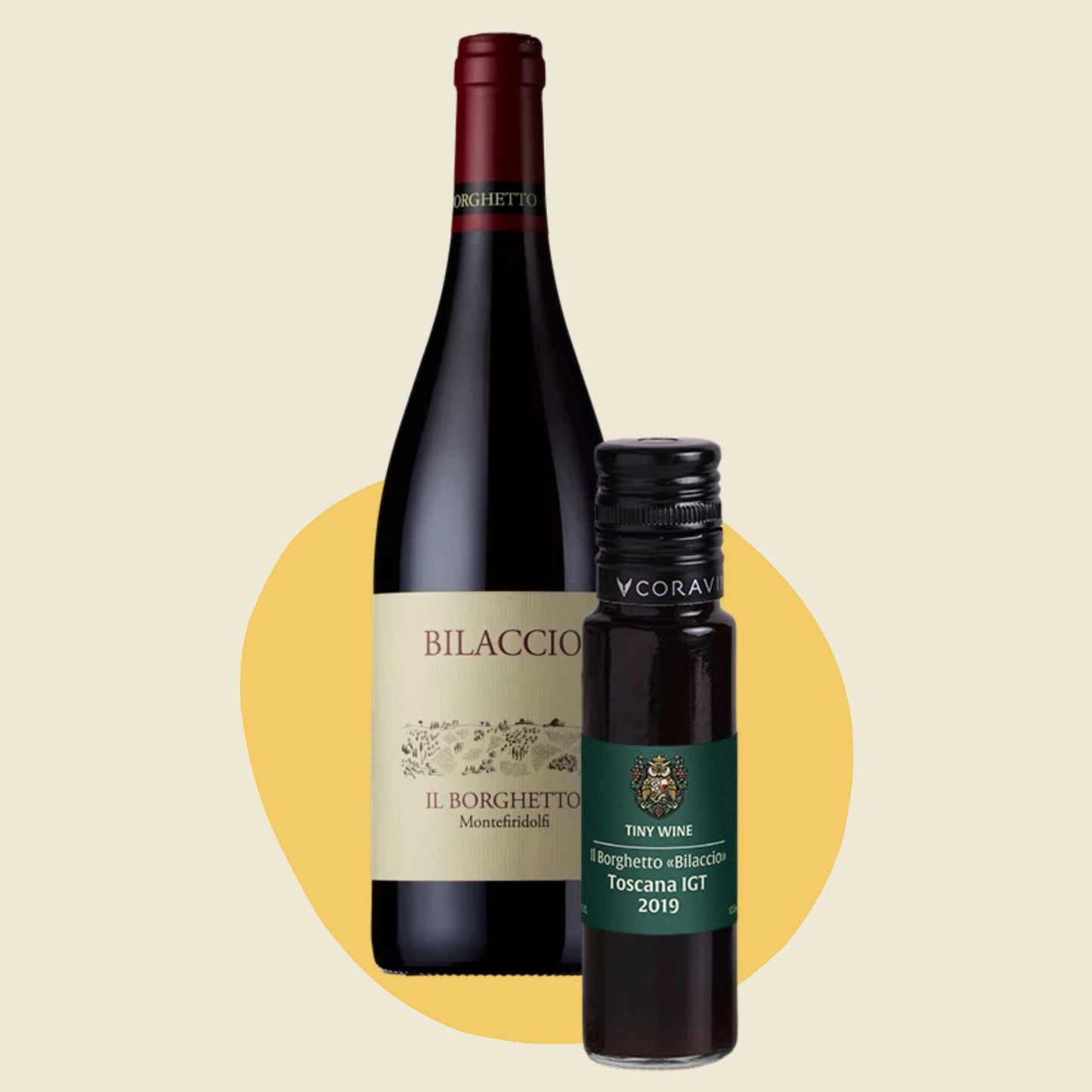 Il Borghetto 'Bilaccio' Toscana IGT 2019 wine bottle alongside 100ml Tiny Wine tube