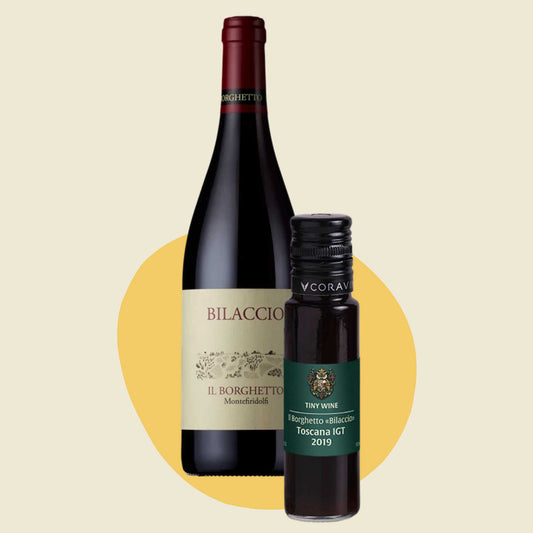 Il Borghetto 'Bilaccio' Toscana IGT 2019 wine bottle alongside 100ml Tiny Wine tube