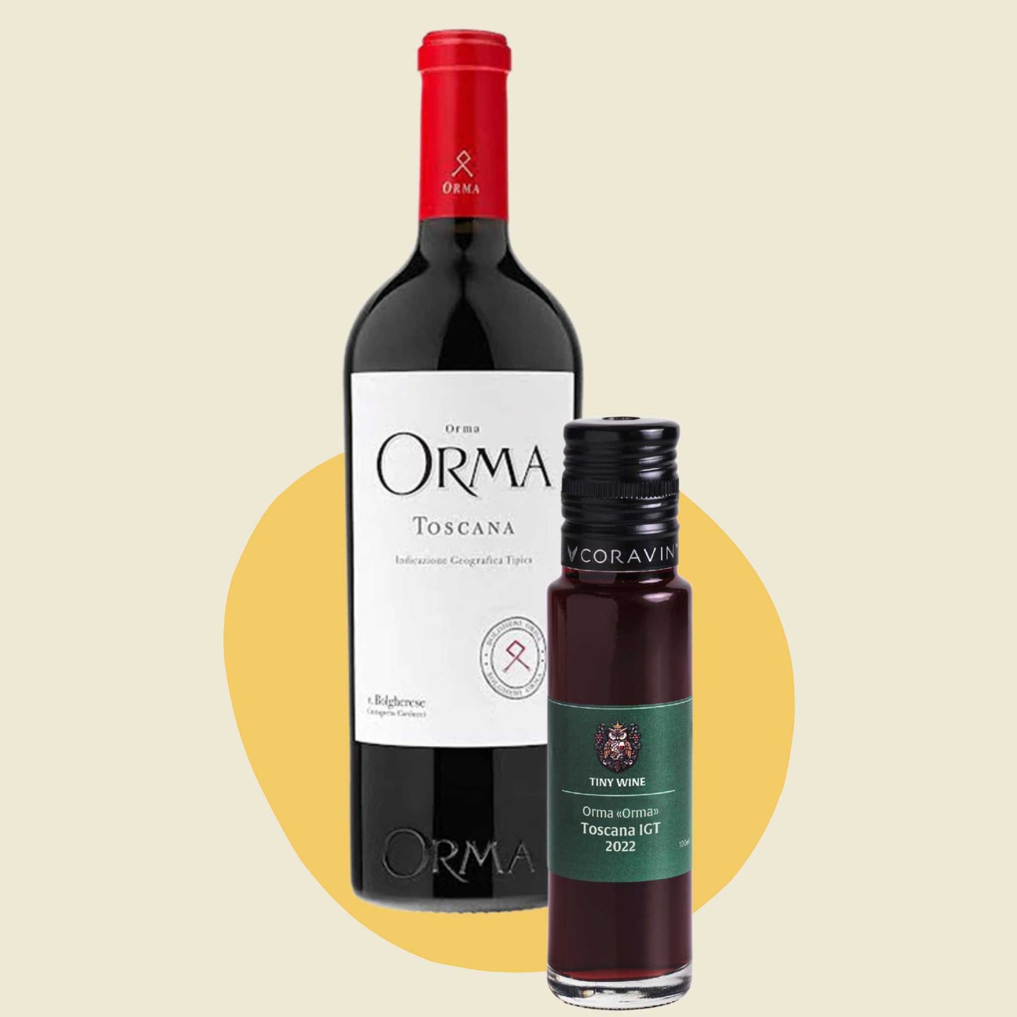 Orma 'Orma' Toscana IGT 2022 wine bottle alongside 100ml Tiny Wine tube