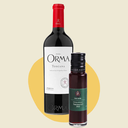 Orma 'Orma' Toscana IGT 2022 wine bottle alongside 100ml Tiny Wine tube