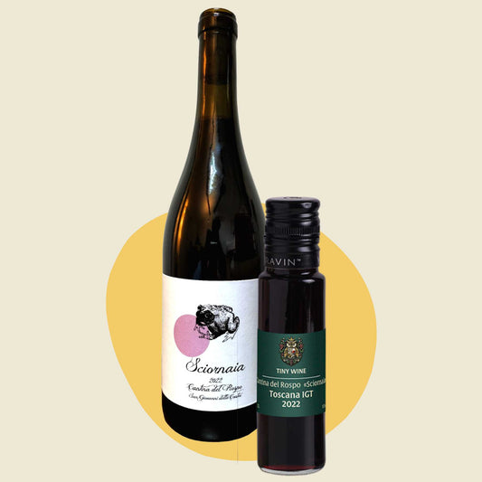 Cantina del Rospo 'Sciornaia' Toscana IGT 2022 wine bottle alongside 100ml Tiny Wine tube
