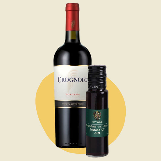 Tenuta Sette Ponti 'Crognolo' Toscana IGT 2021 wine bottle alongside 100ml Tiny Wine tube
