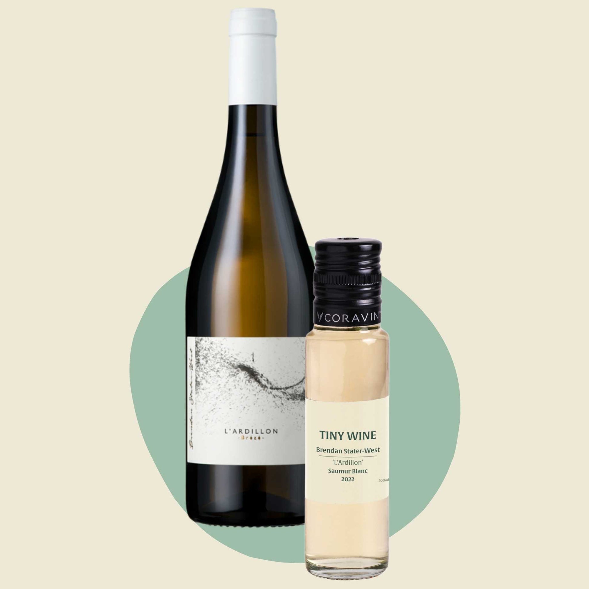 Brendan Stater-West 'L’Ardillon' Saumur Blanc 2022 wine bottle alongside 100ml Tiny Wine tube