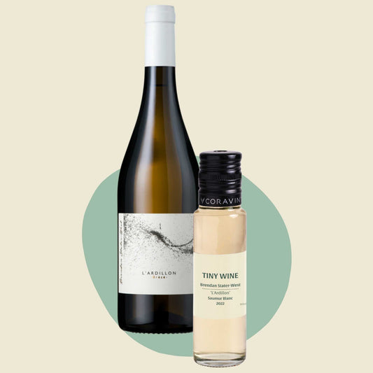 Brendan Stater-West 'L’Ardillon' Saumur Blanc 2022 wine bottle alongside 100ml Tiny Wine tube