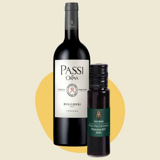 Orma 'Passi di Orma' Toscana IGT 2021 wine bottle alongside 100ml Tiny Wine tube