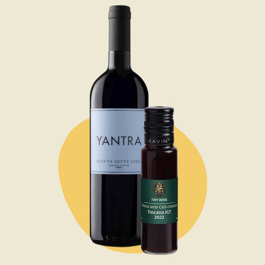 Tenuta Sette Cieli 'Yantra' Toscana IGT 2022 wine bottle alongside 100ml Tiny Wine tube