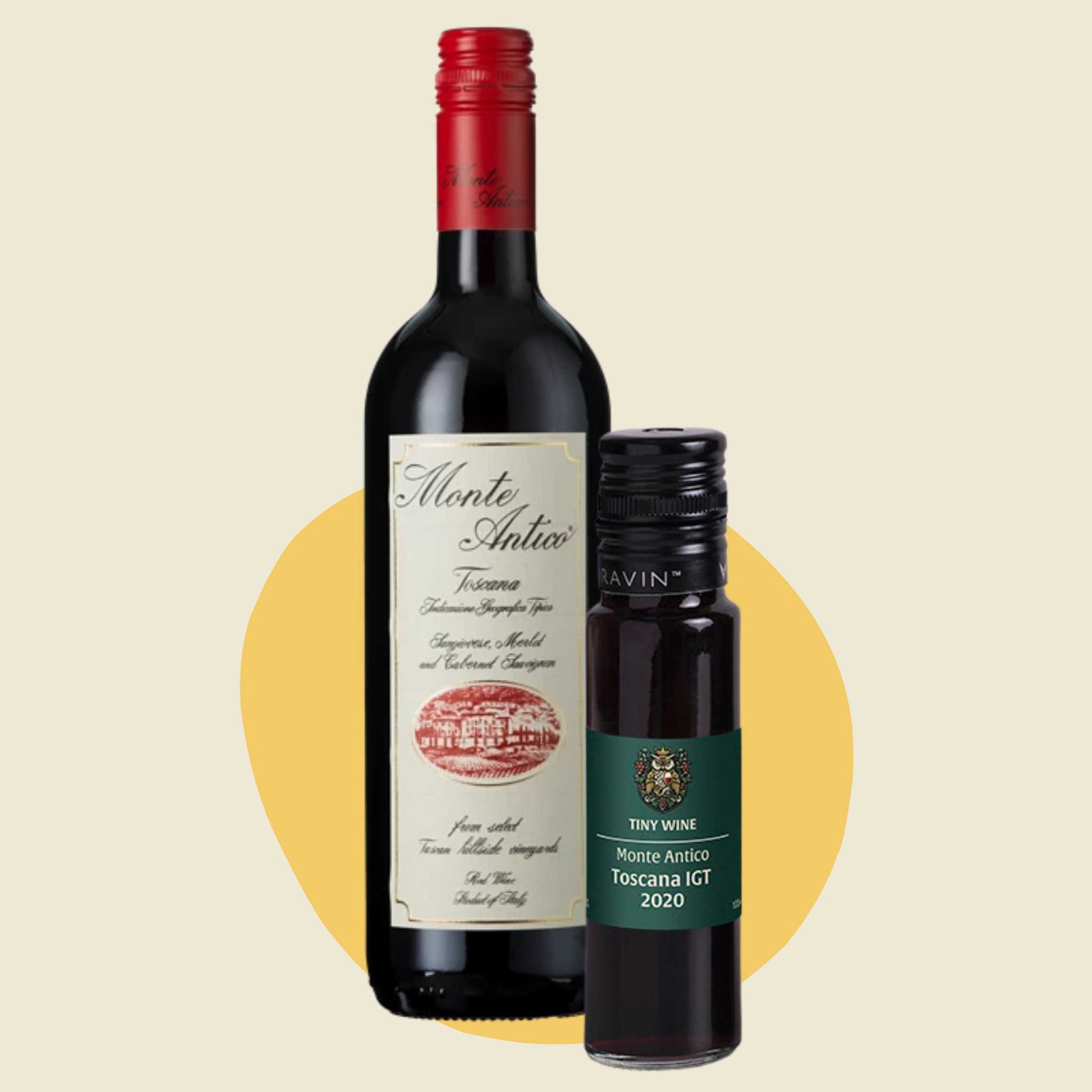 Monte Antico Toscana IGT 2020 wine bottle alongside 100ml Tiny Wine tube