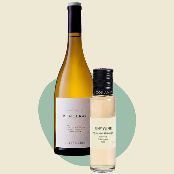 Château de Plaisance 'Ronceray' Anjou Blanc 2023 wine bottle alongside 100ml Tiny Wine tube