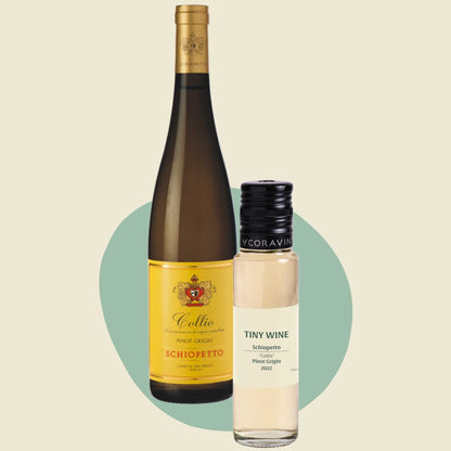 Schiopetto 'Collio' Pinot Grigio 2022 wine bottle alongside 100ml Tiny Wine tube