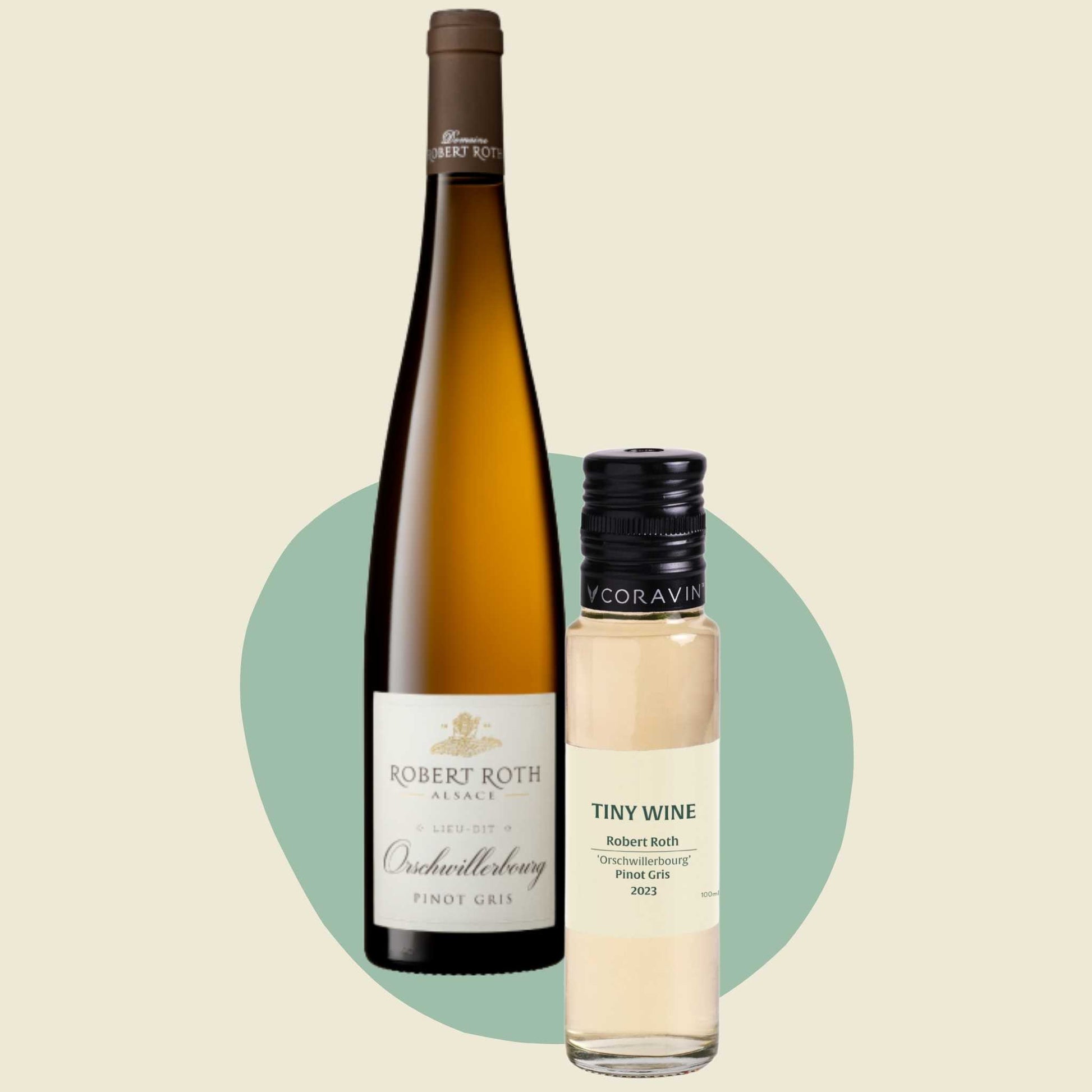 Robert Roth 'Orschwillerbourg' Pinot Gris 2023 wine bottle alongside 100ml Tiny Wine tube