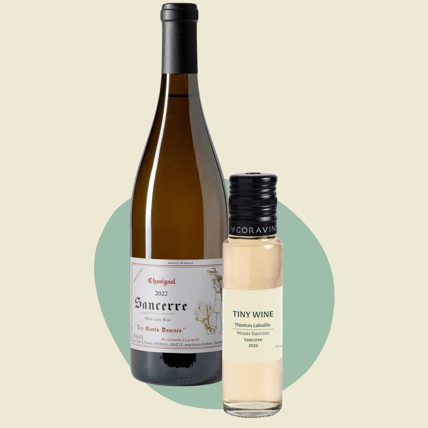 Thomas Labaille 'Monts Damnés' Sancerre 2023 wine bottle alongside 100ml Tiny Wine tube