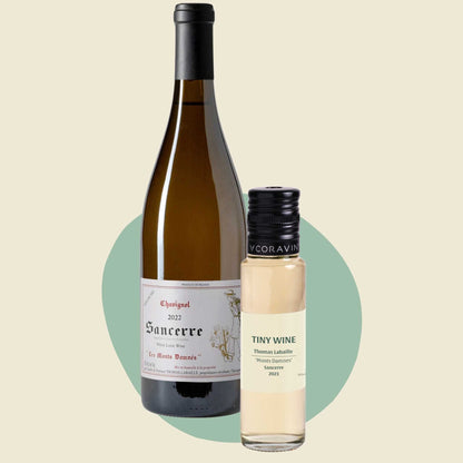 Thomas Labaille 'Monts Damnés' Sancerre 2023 wine bottle alongside 100ml Tiny Wine tube