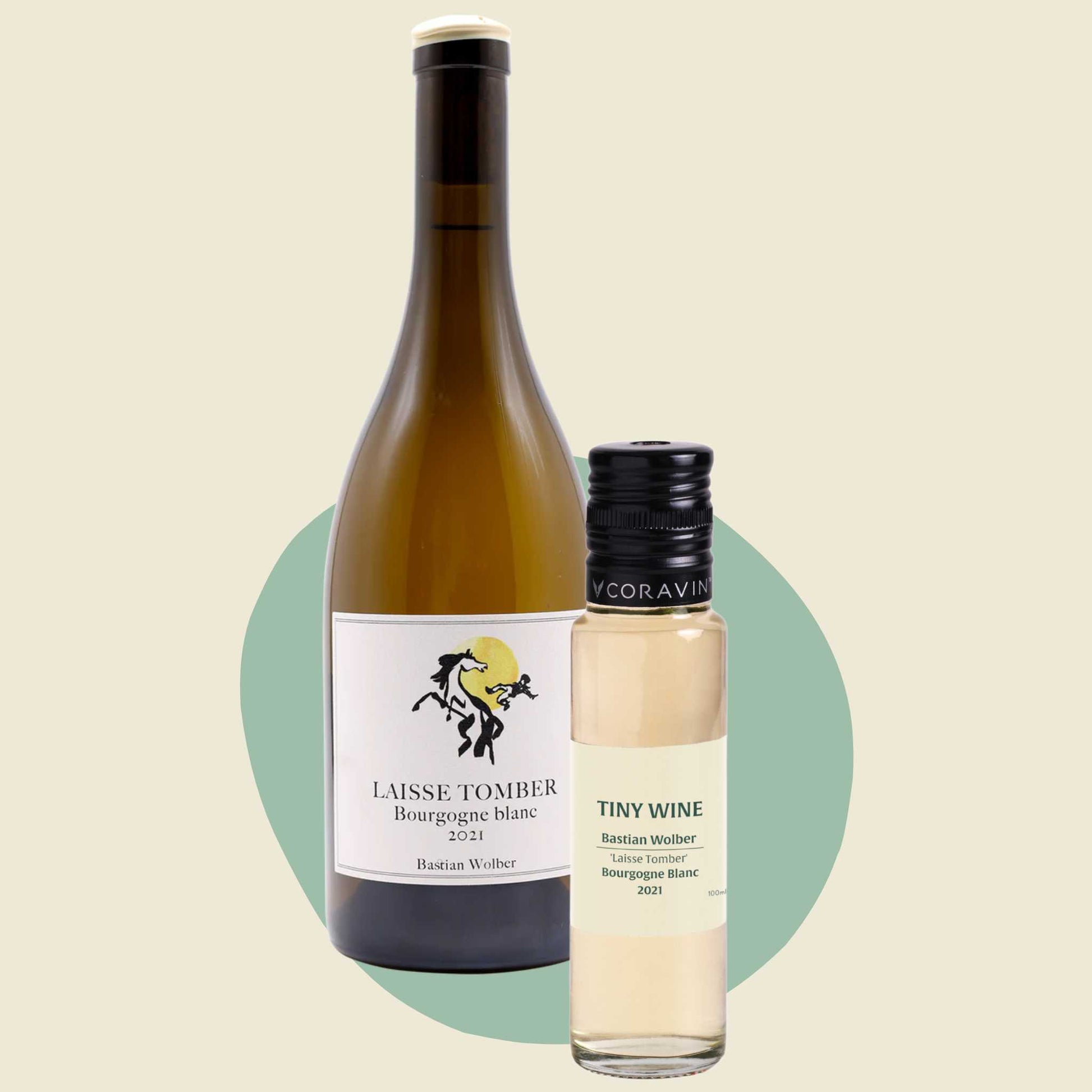Bastian Wolber 'Laisse Tomber' Bourgogne Blanc 2021 wine bottle alongside 100ml Tiny Wine tube