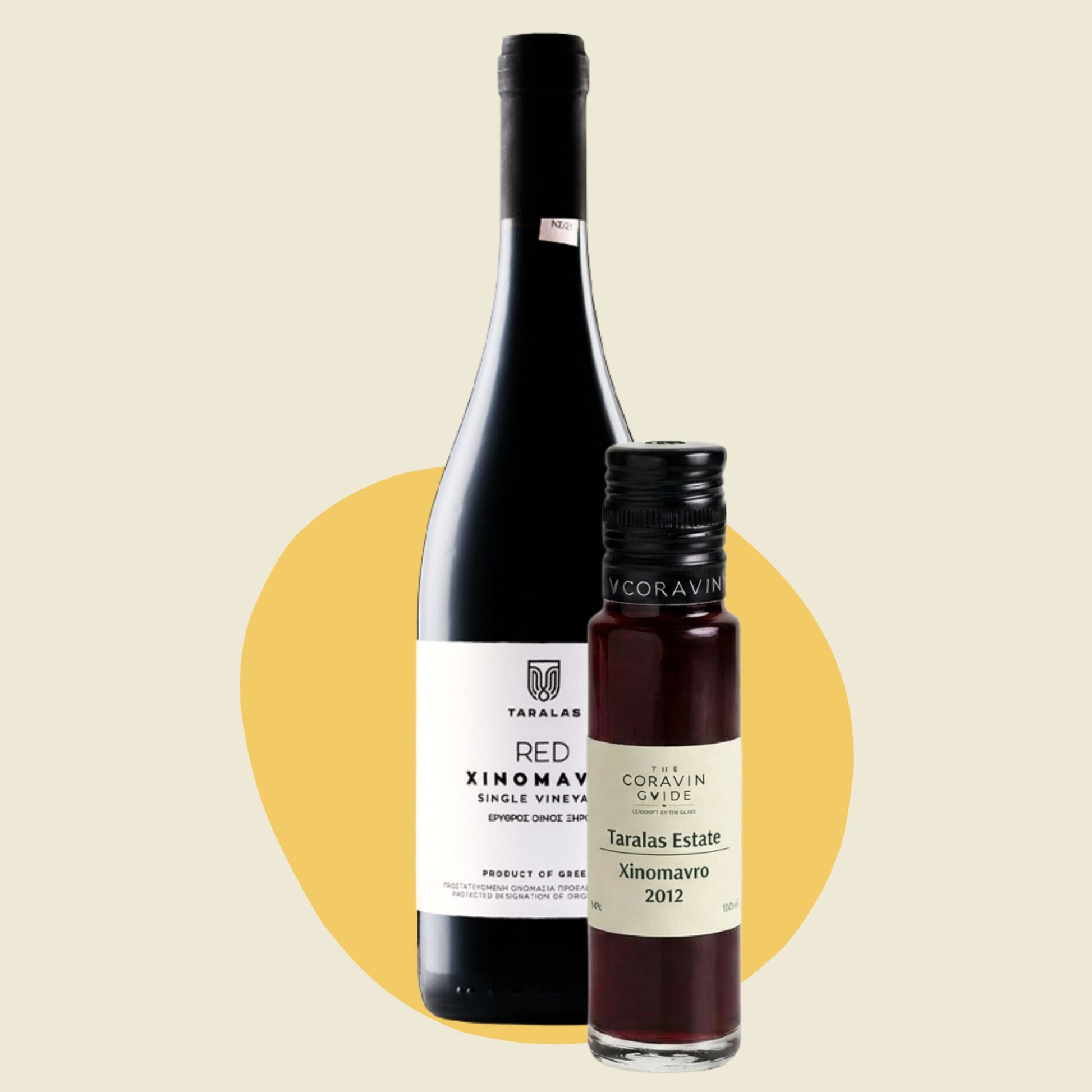 Taralas Estate Xinomavro 2012 bottle with matching 100ml wine sample.