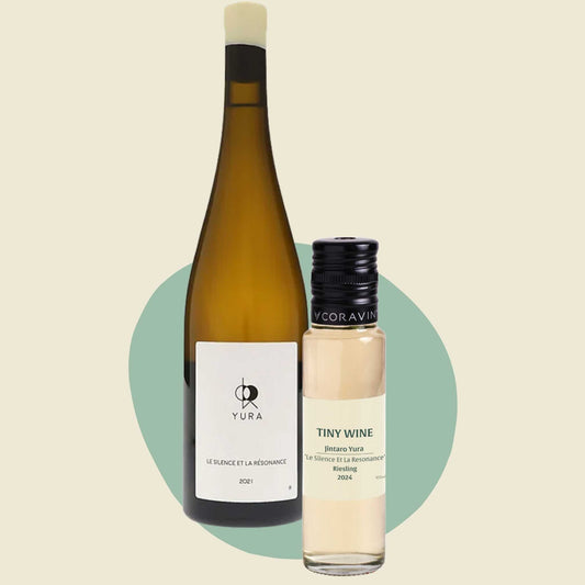 Jintaro Yura 'Le Silence et la Résonance' Riesling 2024 wine bottle alongside 100ml Tiny Wine tube