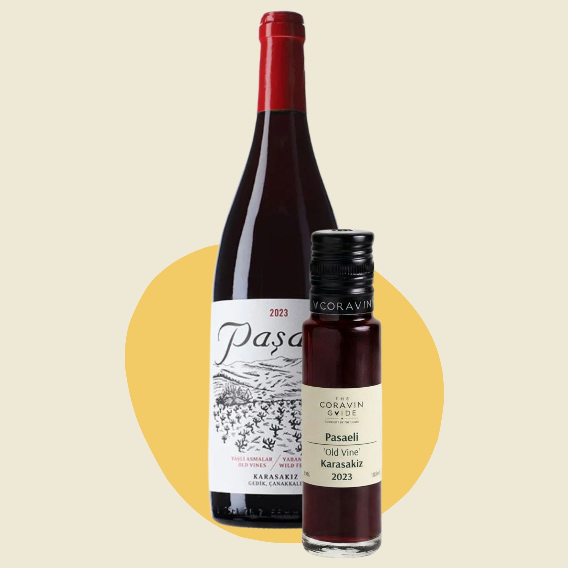 Pasaeli Old Vine Karasakiz 2023 bottle and 100ml wine sample