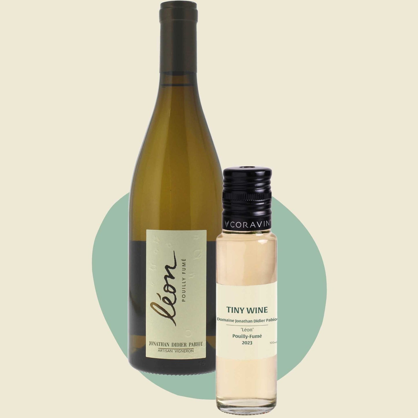 Domaine Jonathan Didier Pabiot 'Léon' Pouilly-Fumé 2023 wine bottle alongside 100ml Tiny Wine tube