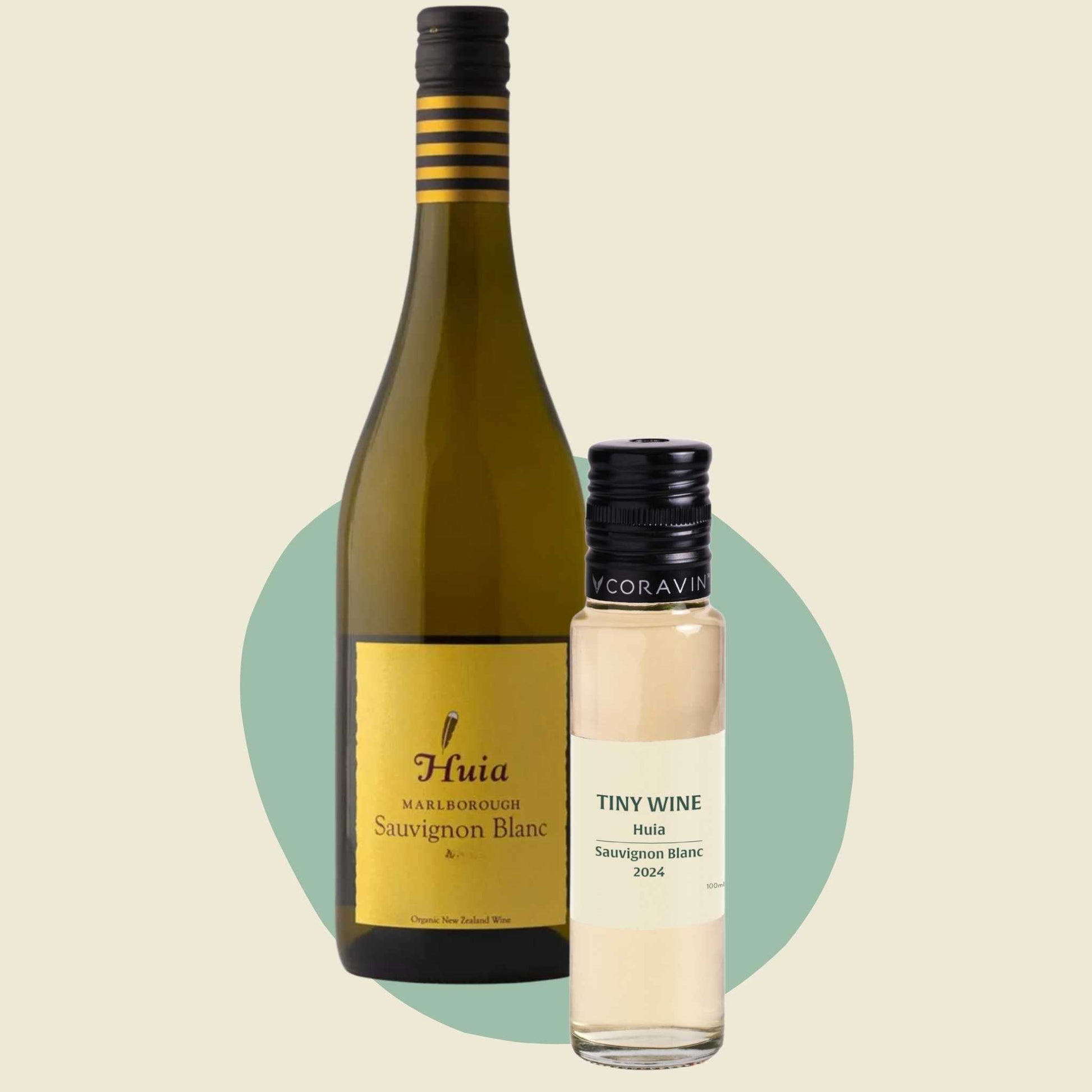 Huia Sauvignon Blanc 2024 wine bottle alongside 100ml Tiny Wine tube